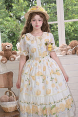 White [Lemon Chicken] Short Sleeves Print Ruffle Bowknot Lace Daily Sweet Lolita Dress - Product - 4