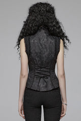 Black Stand Collar Sleeveless Floral Embroidery Lace Mesh Women's Gothic Waistcoat - Product - 3