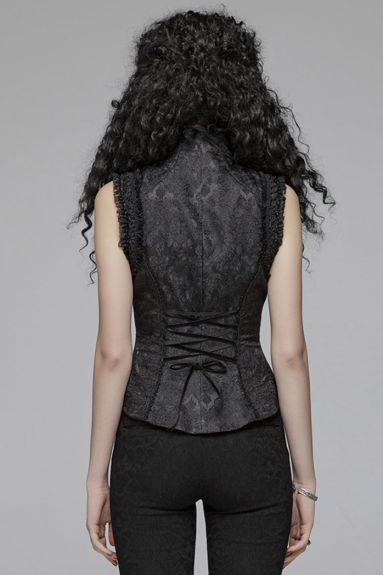Black Stand Collar Sleeveless Floral Embroidery Lace Mesh Women's Gothic Waistcoat - Product - 3