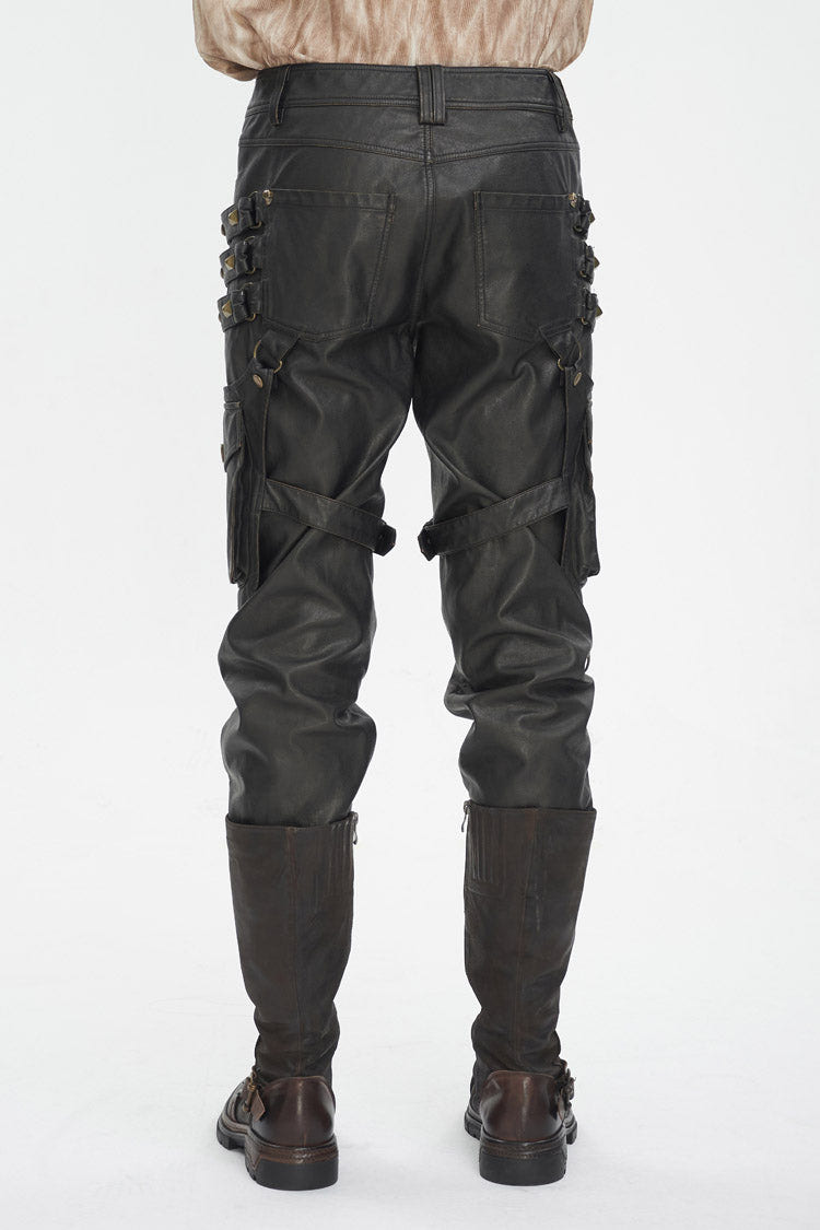 Black Big Pocket Bronze Studded Faux Leather Men's Gothic Pants - Product - 4