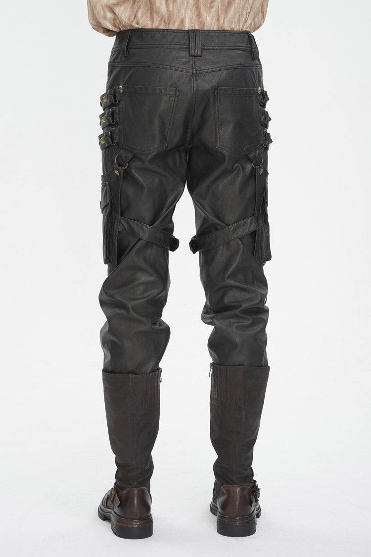 Black Big Pocket Bronze Studded Faux Leather Men's Gothic Pants - Product - 4