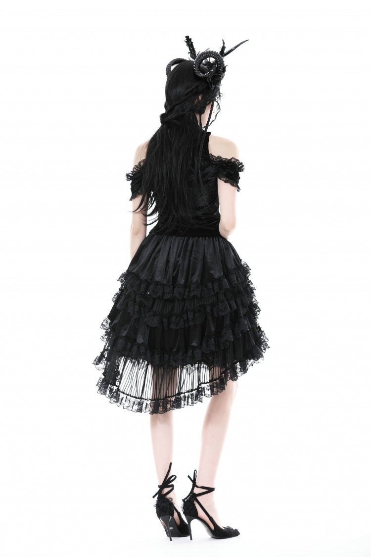 Black Women's Gothic Princess Multi-Layered Ruffled Lace High-Low Skirt - Product - 11