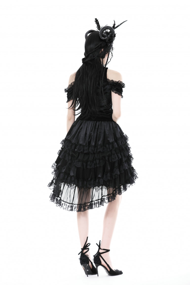 Black Women's Gothic Princess Multi-Layered Ruffled Lace High-Low Skirt - Product - 11