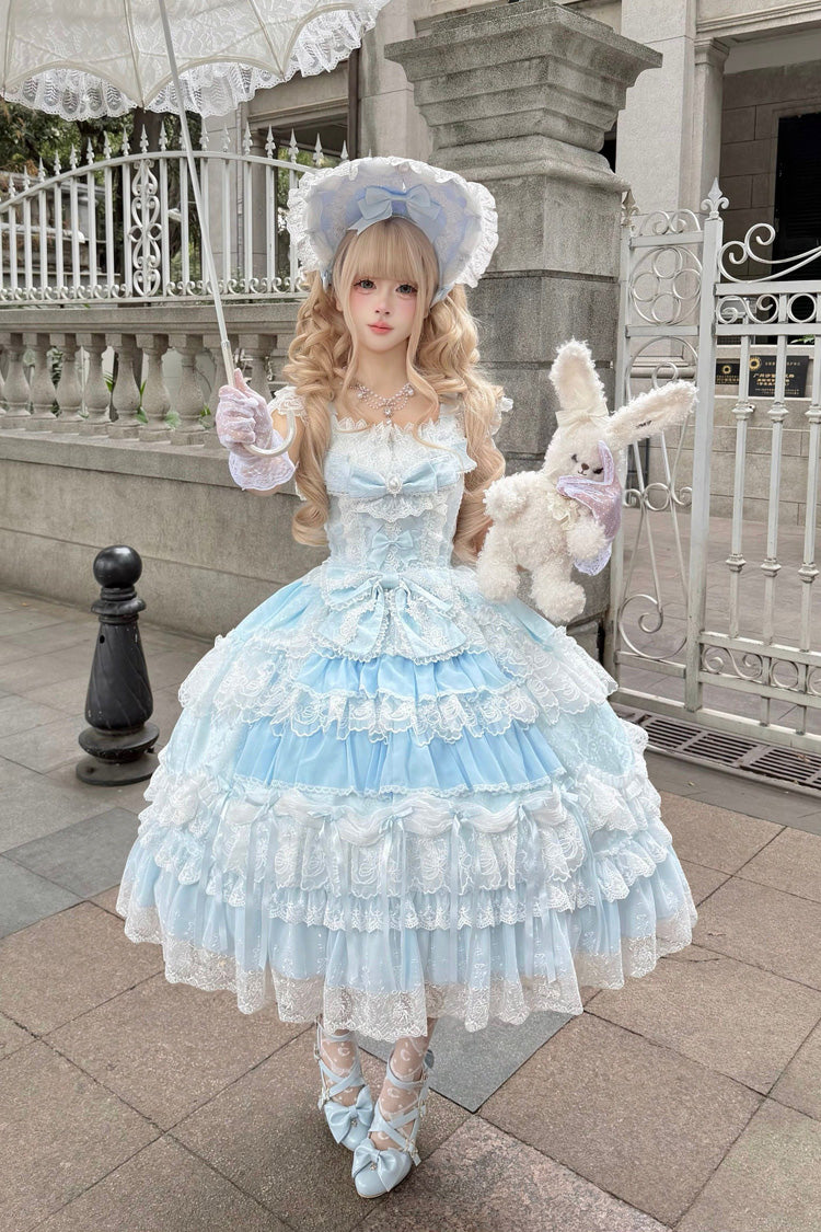 Blue [Eternal Floral Message] Square Collar Sleeveless Multi-Layered Hanayome Embroidered Bow Lace Sweet Lolita Jsk Dress - Product - 5