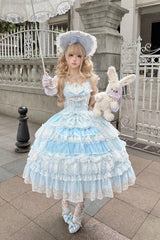 Blue [Eternal Floral Message] Square Collar Sleeveless Multi-Layered Hanayome Embroidered Bow Lace Sweet Lolita Jsk Dress - Product - 5