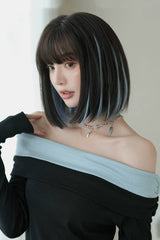 Sky Blue/Black Highlight Natural Face-Framing Clavicle Bob Sweet Lolita Wig - Product - 6