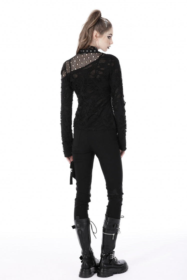Black Women's Punk Long Sleeves Buckled Asymmetric Ripped Sheer Mesh Splice Top - Product - 4