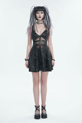 Black Pentagram Embossed Panel Mesh Rope Cutout Women's Gothic Dress - Product - 2