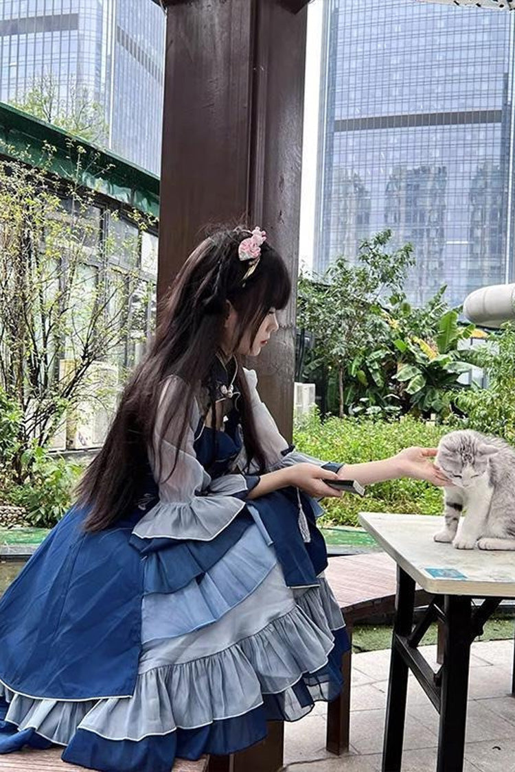Blue Multi-layer Print Ruffle Classic Plus Size Chinese Style Princess Lolita Jsk Dress - Product - 5