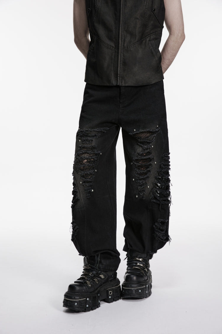 Black Irregular Mesh Ripped Studded Zippered Eyelet Men's Punk Handsome Cool Pants - Product - 7