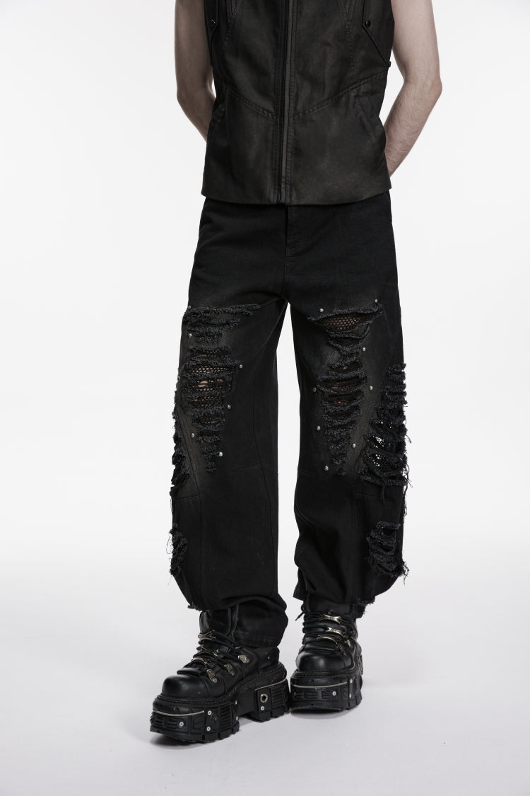Black Irregular Mesh Ripped Studded Zippered Eyelet Men's Punk Handsome Cool Pants - Product - 7