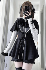 [Black Veil Pact] Short Sleeves Printed Ruffled Bow Gothic Jirai Kei Japanese Dress Shorts Set 2 Colors - Black - 1