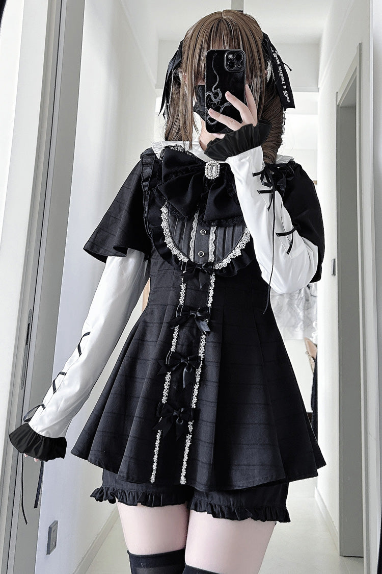 [Black Veil Pact] Short Sleeves Printed Ruffled Bow Gothic Jirai Kei Japanese Dress Shorts Set 2 Colors - Black - 1