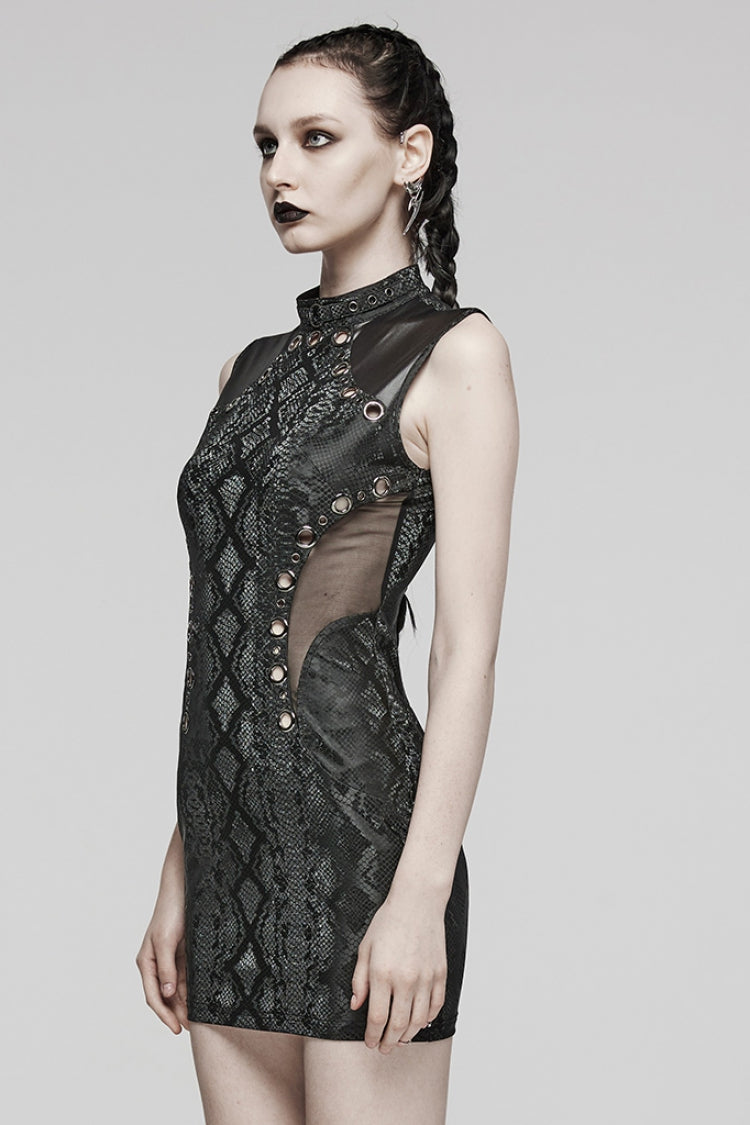 Black Sleeveless Metal Rings Hollow Mesh Women's Steampunk Dress - Product - 2
