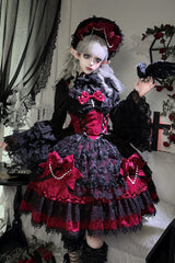 Black/Red [Rose Princess] Sleeveless Ruffle Bowknot Lace Lace-Up Gothic Ballet Lolita Jsk Dress - Product - 6