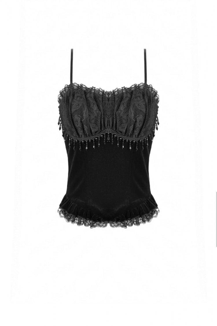 Black Lace Mesh Patchwork Velvet Women's Gothic Vintage Bustier with Beaded Tassel Drops - Product - 3