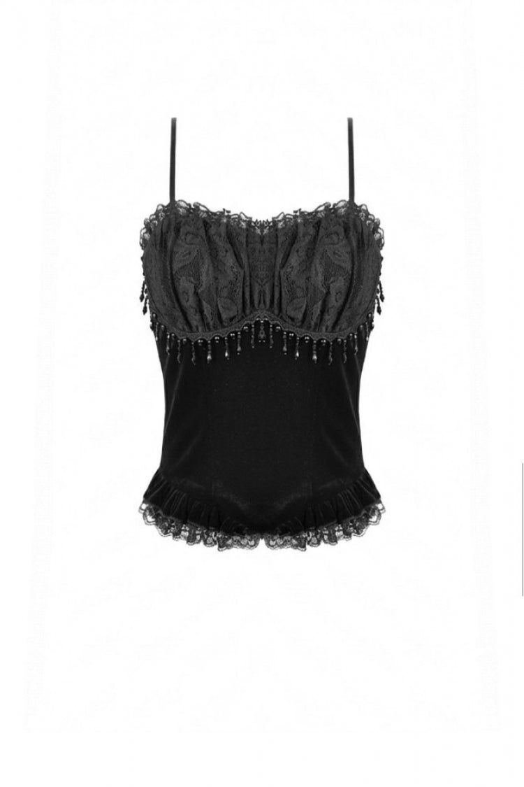 Black Lace Mesh Patchwork Velvet Women's Gothic Vintage Bustier with Beaded Tassel Drops - Product - 3