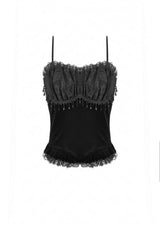 Black Lace Mesh Patchwork Velvet Women's Gothic Vintage Bustier with Beaded Tassel Drops - Product - 3