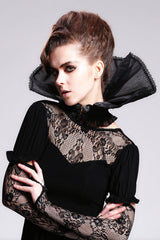 Black Organza Lace Velveteen Women's Gothic Stand Up Collar - Black - 1