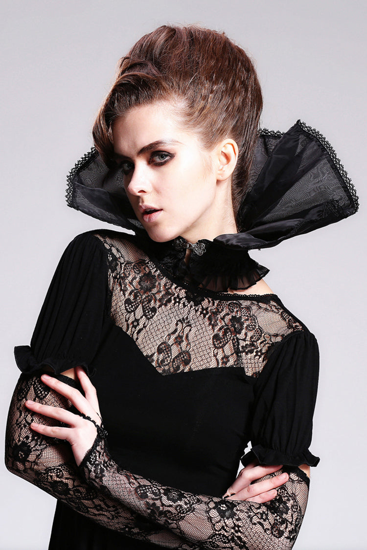 Black Organza Lace Velveteen Women's Gothic Stand Up Collar - Black - 1