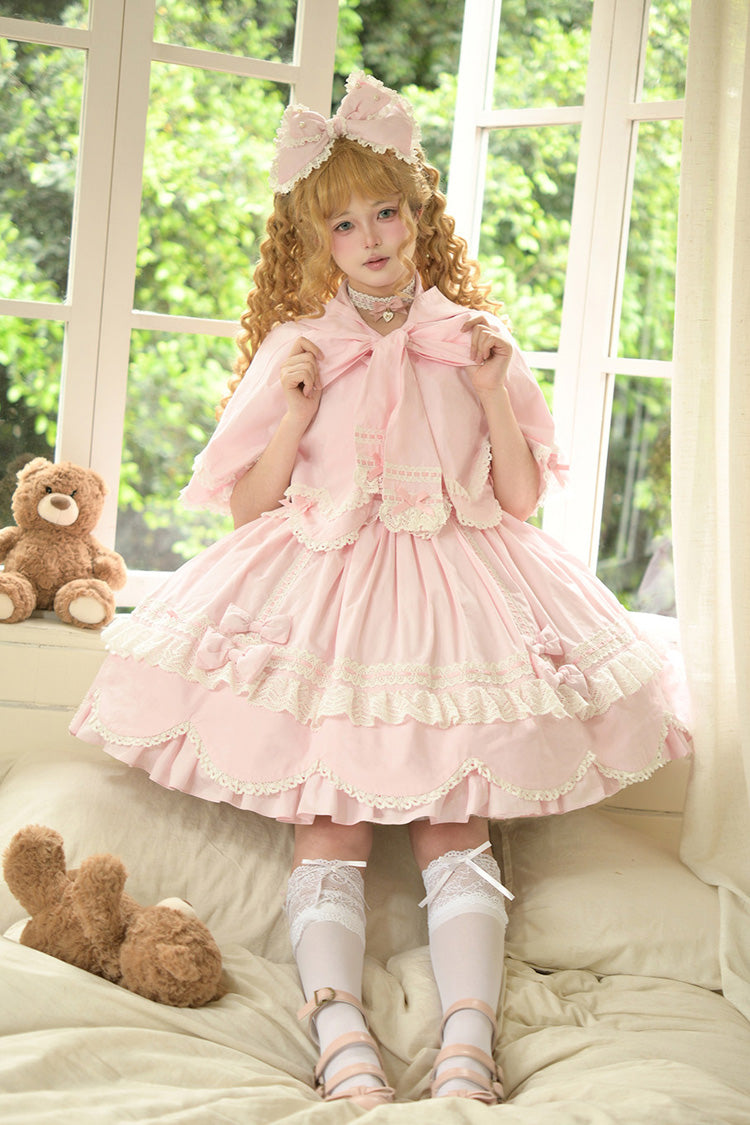 Pink [Petal Bunny] Cotton Square Collar Short Sleeves Double-Layered Ruffled Bow Lace Lace-Up Sweet Lolita Dress - Product - 7