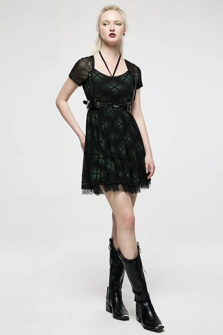 Green Short Sleeves Plaid Print Stitching Mesh Women's Punk Dress - Product - 4