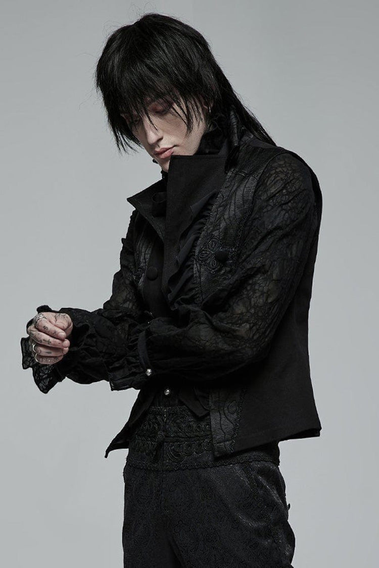 Black Gothic Noble Jacquard Embroidery Pleated Ruffle Delicate Buttons Decoration Men's Vest - Product - 2