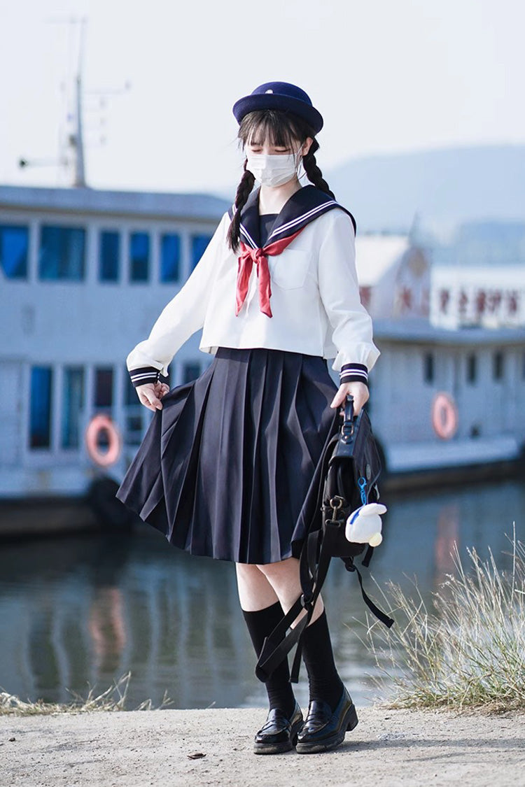 White/Dark Blue Long Sleeves Sweet Japanese School Skirt Set - Product - 8