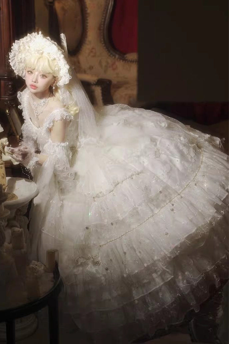 White [Dreamy Waltz] Sleeveless Multi-Layered Ruffled Hanayome Bow Lace Chiffon Gothic Gorgeous Lolita Jsk Dress - Product - 5