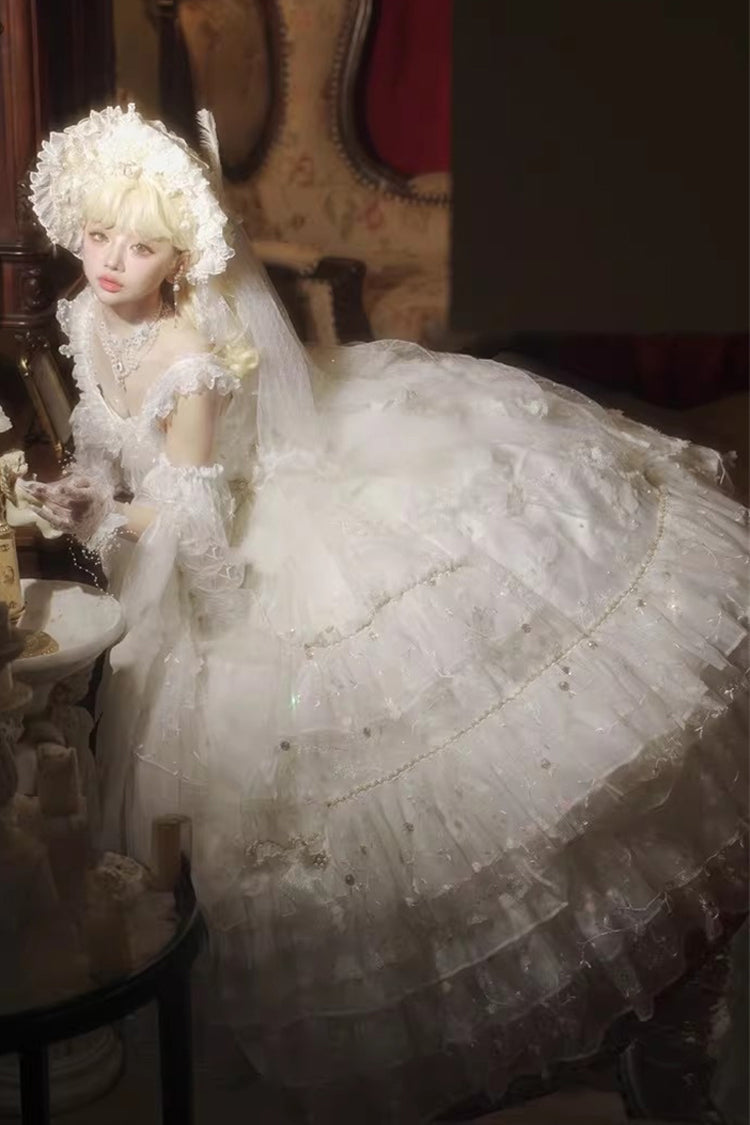 White [Dreamy Waltz] Sleeveless Multi-Layered Ruffled Hanayome Bow Lace Chiffon Gothic Gorgeous Lolita Jsk Dress - Product - 5