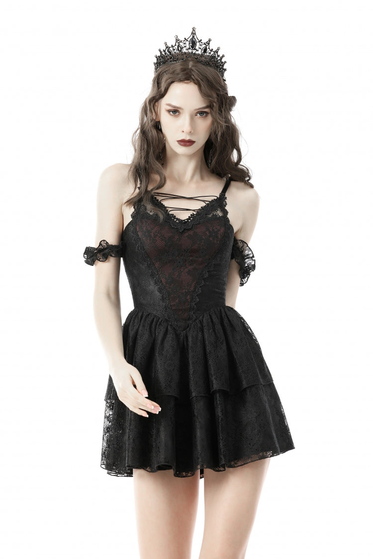 Dark Red Off Shoulder Lace-Up Double-Layered Floral Lace Women's Gothic Sexy Slip Dress - Product - 5
