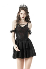 Dark Red Off Shoulder Lace-Up Double-Layered Floral Lace Women's Gothic Sexy Slip Dress - Product - 5
