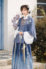 Original Improved Blue Chinese Style Ming Made Wide Sleeved Top High Waisted Skirt Embroidered Sweet Hanfu Three Piece Suit - Product - 2