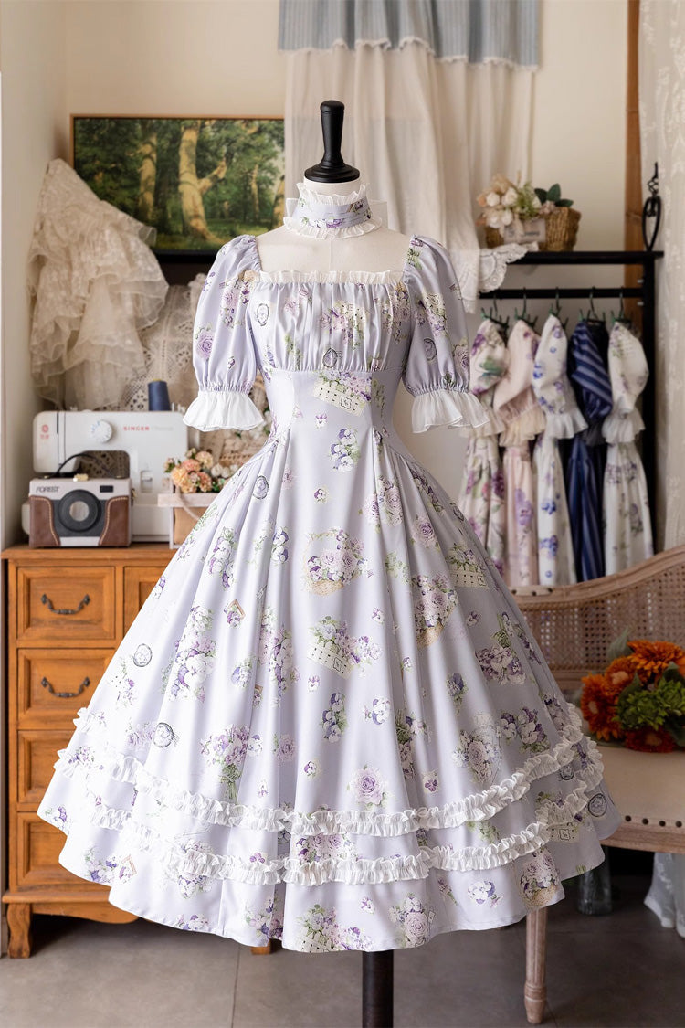 [Forest Basket] Print Short Sleeves Ruffle Lace Sweet Elegant Lolita Dress 6 Colors - Blue-Horned-Pansy - 6