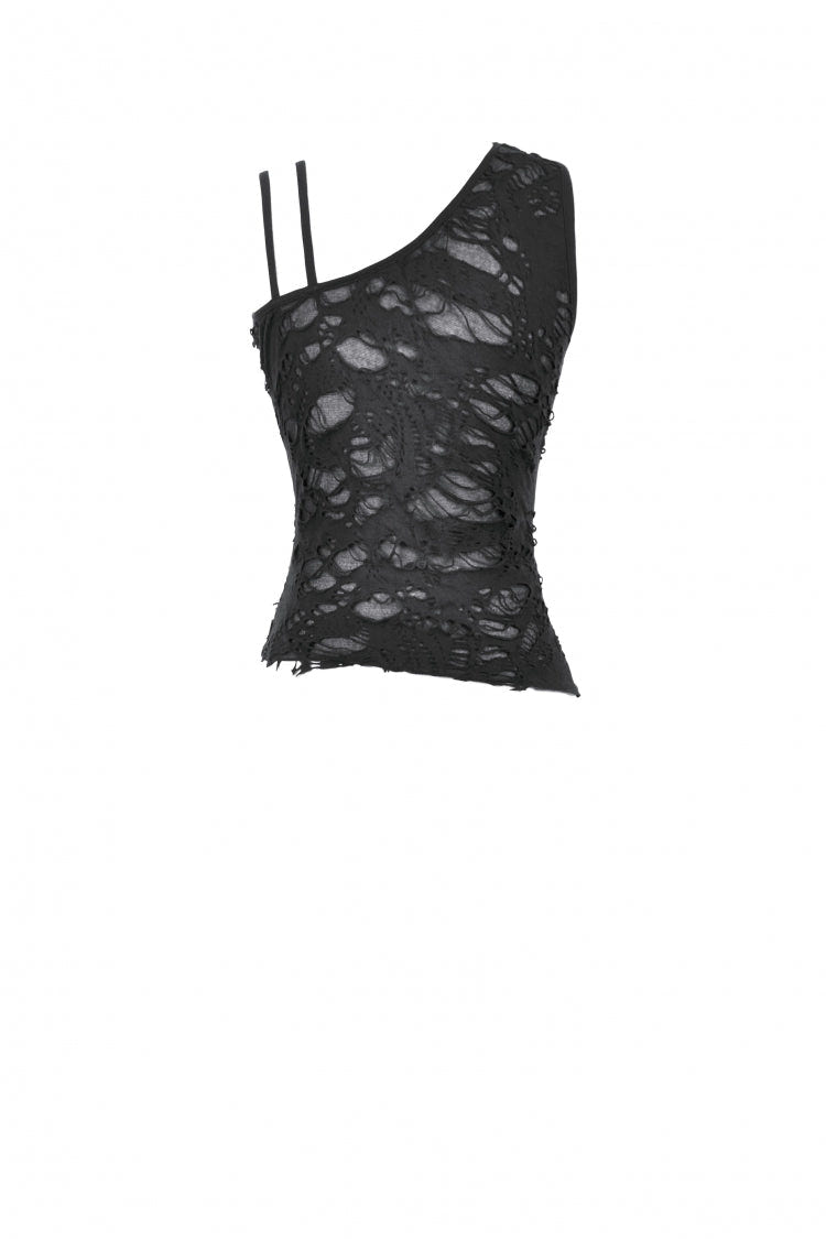 Black Sleeveless Ripped Eyelet Lace-Up Asymmetric Hem Women's Punk Top - Product - 11