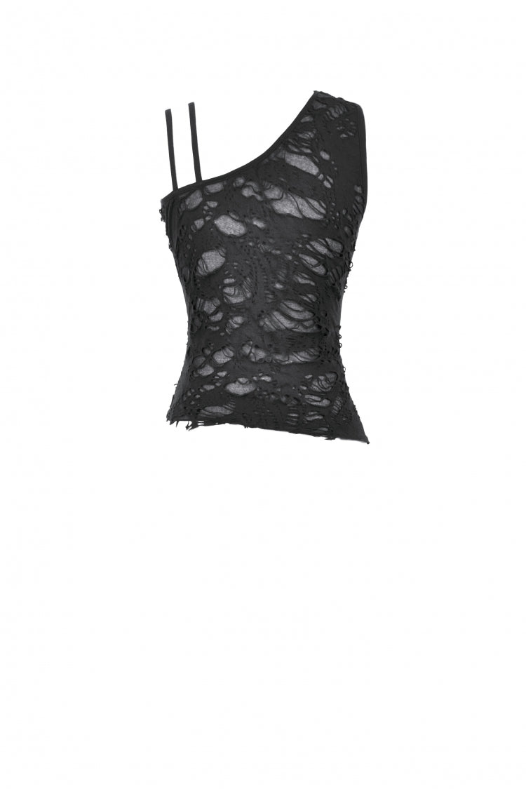 Black Sleeveless Ripped Eyelet Lace-Up Asymmetric Hem Women's Punk Top - Product - 11