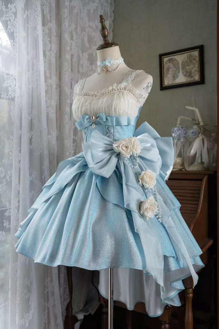 Blue [Rose Heart Knot] Ruffle Hanayome Bowknot Sweet Princess Gorgeous Lolita Jsk Dress - Blue - 1