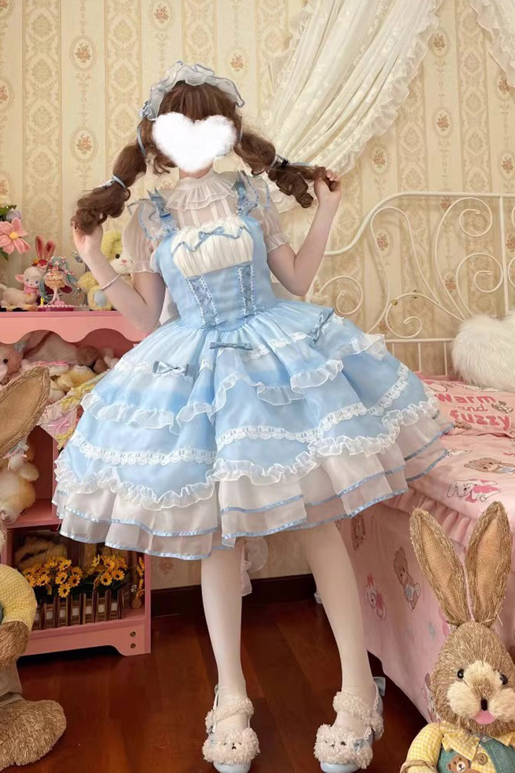 Blue Multi-layer Ruffle Bowknot Lace-Up Ballet Style Sweet Princess Lolita Tiered Dress - Blue - 1