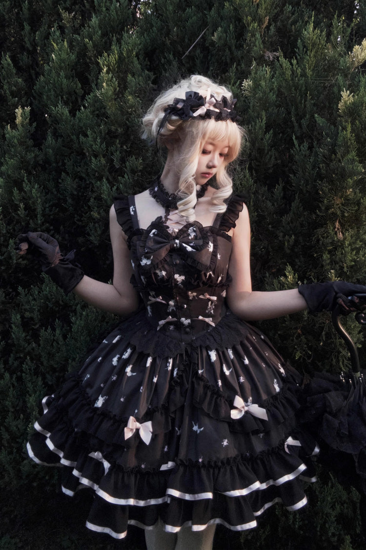 Black [Eros Kiss] Sleeveless Double-Layered Print Ruffle Bowknot Gothic Elegant Lolita Jsk Dress - Product - 2