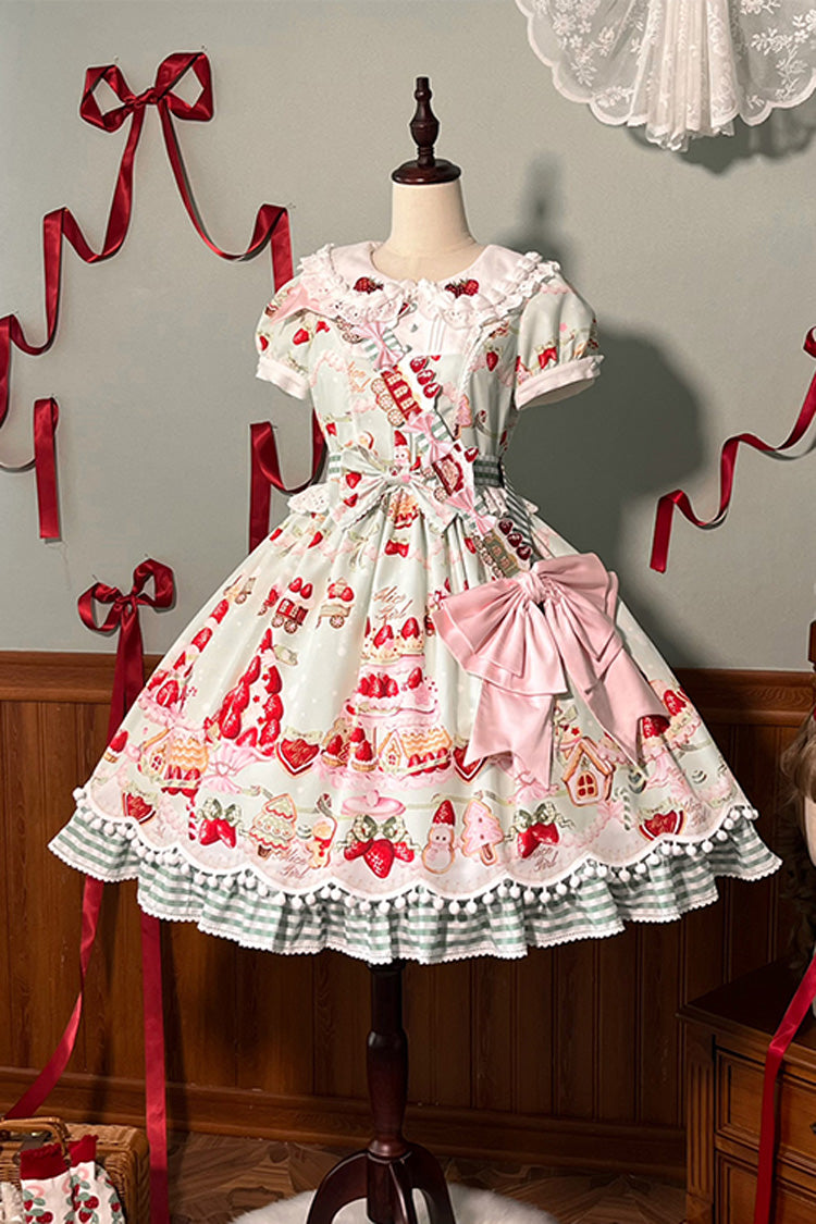 Mint Strawberry Dessert Doll Collar Short Sleeves Print Ruffle Bowknot Sweet Lolita Dress 4 Colors - Product - 27