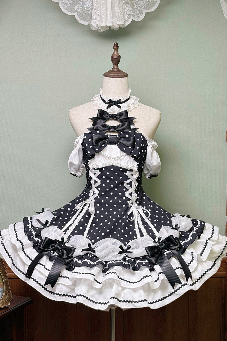 Black/White Halterneck Short Sleeves Triple-Layered Polka Dot Printed Bow Lace-Up Sweet Lolita Dress - Product - 3