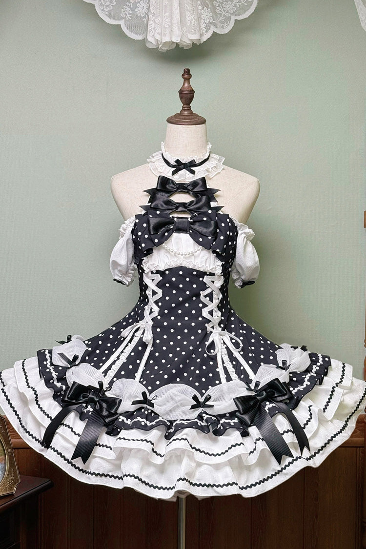 Black/White Halterneck Short Sleeves Triple-Layered Polka Dot Printed Bow Lace-Up Sweet Lolita Dress - Product - 3