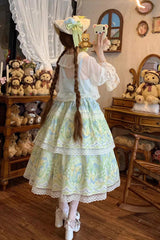 Blue/Green [Lily of the Valley Perfume] Pearl Candy Tea Doll Collar Sleeveless Printed Lace Plus Size Sweet Lolita Jsk Dress - Product - 6