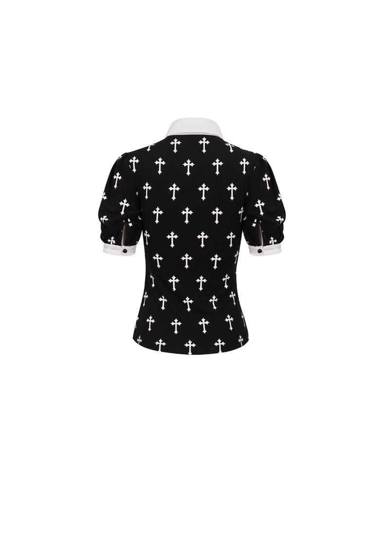 Black/White Cross Printed Chest Paneled Chiffon With Lace Collar Applique? Lace Strap Pendant Women's Punk Shirt - Product - 9
