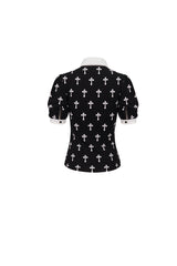Black/White Cross Printed Chest Paneled Chiffon With Lace Collar Applique? Lace Strap Pendant Women's Punk Shirt - Product - 9