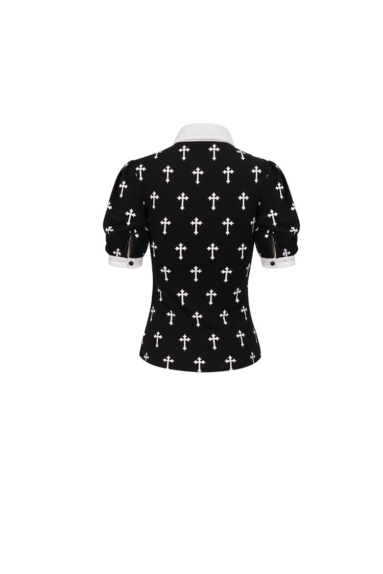 Black/White Cross Printed Chest Paneled Chiffon With Lace Collar Applique? Lace Strap Pendant Women's Punk Shirt - Product - 9