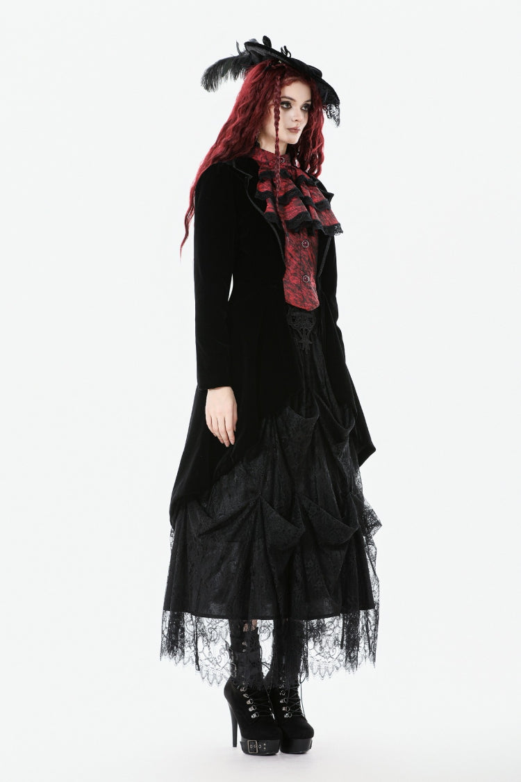 Black/Red Peak Lapel Collar Long Sleeves Multi-Layered Lace Mock Two-piece Women's Gothic Tailcoat - Product - 2
