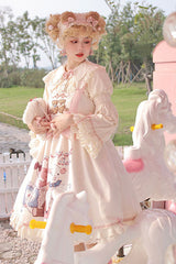Ivory Sheep & Bear Print Alice Girl Bowknot Ruffled Sweet Lolita JSK Dress - Product - 4