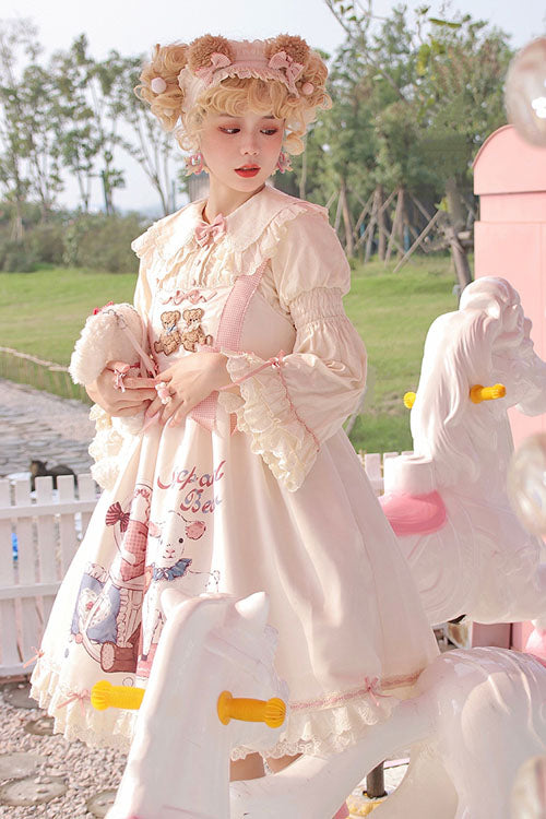 Ivory Sheep & Bear Print Alice Girl Bowknot Ruffled Sweet Lolita JSK Dress - Product - 4
