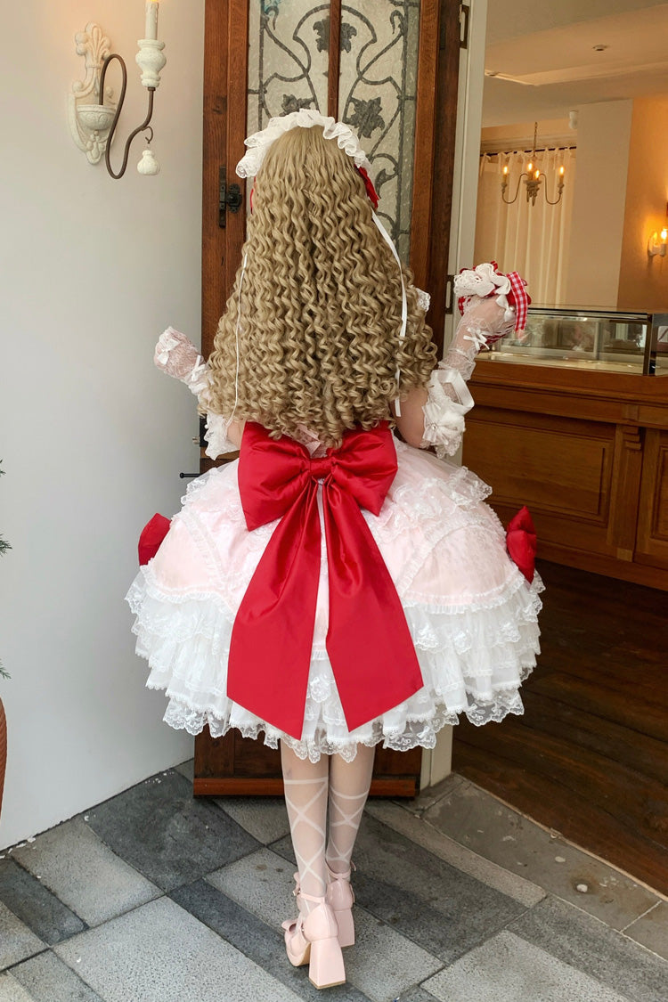 Red/Pink [Flower Dream Isle] Square Collar Multi-Layered Ruffled Bow Lace Sweet Lolita Jsk Dress - Product - 2